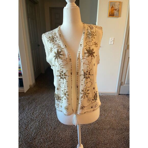 Vintage Holiday White Gold Beaded Vest Grandma Core Fall Christmas Nostalgia - Picture 3 of 8